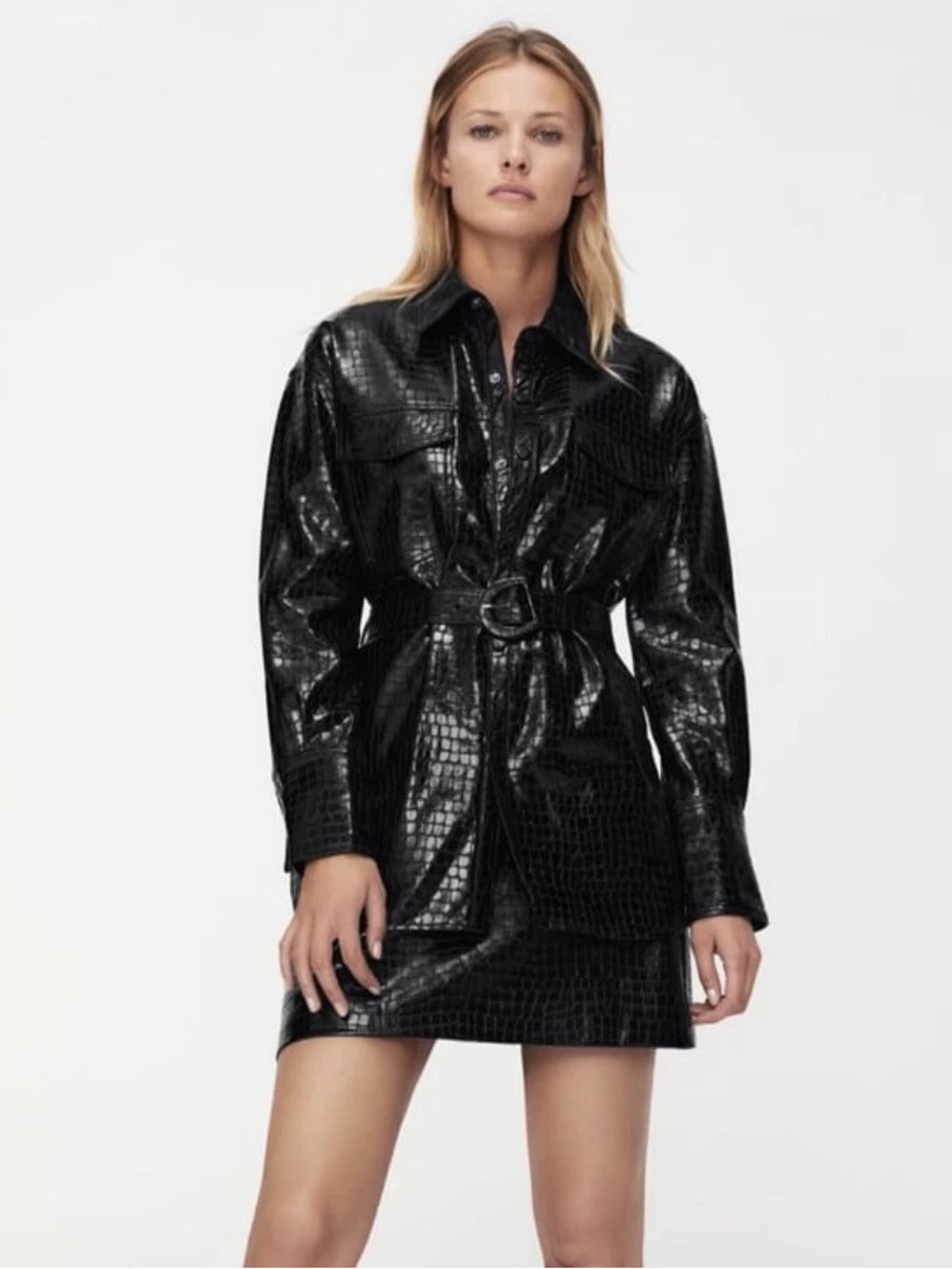 Black Croc-Embossed Belted Jacket